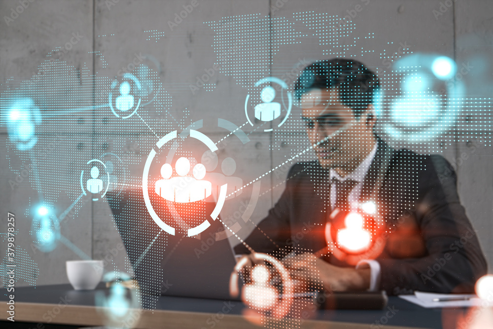 Poster businessman in office working with laptop, develop networking chain to push new social media project