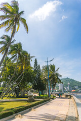 Fototapeta na wymiar park in front beach of Vung Tau city with waves, coastline, streets, coconut trees and Tao Phung mountain in Vietnam