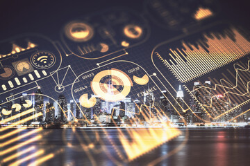 Double exposure of technology theme hologram and cityscape background. Concept of Hightech.