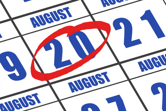 august 20th. Day 20 of month, Date marked with red circle to indicate importance on a calendar. summer month, day of the year concept