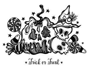 Vector illustration, Happy Halloween, poisoned apple with skulls, various sweets, mysticism. Handmade, prints, background white