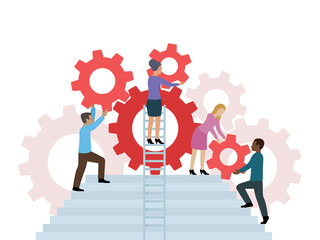 Support management conceptual illustration - people group (working team) with gearbox transmission mechanism, stairs and ladder © Dmitry Kovalchuk