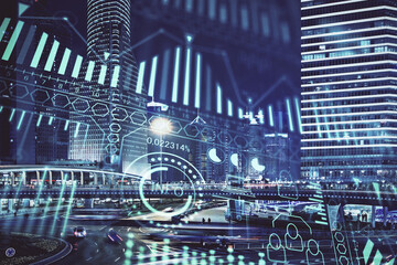 Double exposure of technology theme hologram and cityscape background. Concept of Hightech.