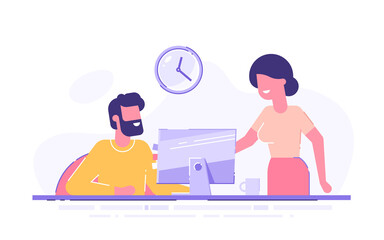 Young man is sitting at a desk with monitor and his colleague is pointing to a screen and giving advice. Business tutor, mentor, trainer. Office business concept. Modern vector illustration.