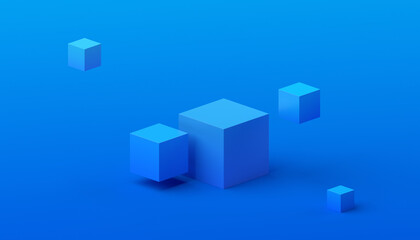 Abstract 3d render, geometric composition, blue background design with cubes