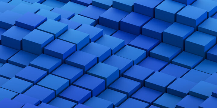 Abstract 3d render, geometric background design with blue cubes