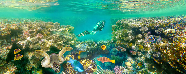 Coral Reef, Tropical Fish and Scuba Diver in the Red Sea