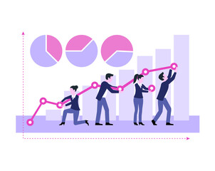 Business growth and marketing concept - people group collects points of growing chart - business success conceptual illustration