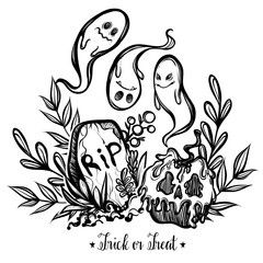 Vector illustration, Happy Halloween, Graves, poisoned apple, ghosts, mysticism. Handmade, prints, background white