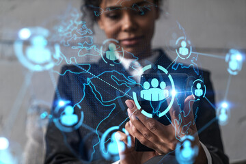 Businesswoman using phone, work in modern office on new project. Double exposure. Concept of success. Social network hologram.