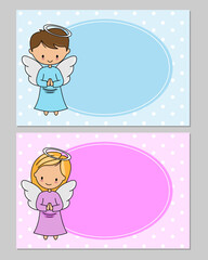 Angel girl and boy praying. Frame with space for text