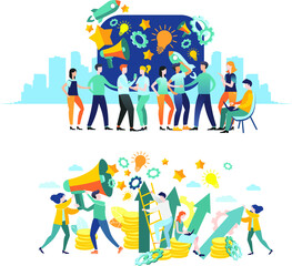 Vector illustration. Flat design. large group. Decision of tasks. Brainstorming. Teamwork. Achieving goal. Team of associates. A large composition using many elements.