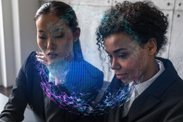 Two businesswomen work together in modern office on new project. Double exposure. Concept of success. Planet earth world map.