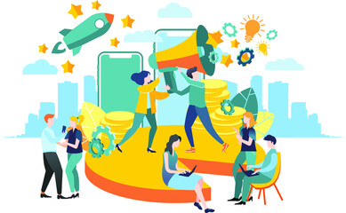 Vector illustration. Flat design. large group. Decision of tasks. Brainstorming. Teamwork. Achieving goal. Team of associates. A large composition using many elements.