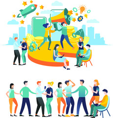 Vector illustration. Flat design. large group. Decision of tasks. Brainstorming. Teamwork. Achieving goal. Team of associates. A large composition using many elements.