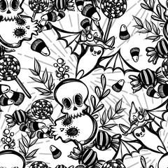 Vector illustration, Happy Halloween, Bat in witch hat, skull, sweets, mysticism. Handmade, prints, background white, seamless pattern