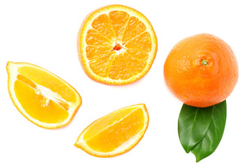 sliced orange with green leaf isolated on white background top view