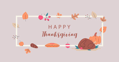 Happy Thanksgiving day. Turkey, Pumpkin, autumn leaves, pie, fruits. Hand drawn  vector illustration. Thanksgiving day background