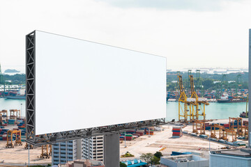 Blank white road billboard with Singapore cityscape background at day time. Street advertising poster, mock up, 3D rendering. Side view. The concept of marketing communication or sell idea.