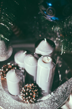 Grey Candles Under the Christmas Tree