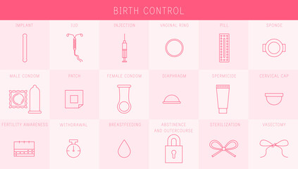 Birth Control Implant, IUD, Shot, Ring, Patch, Pill, Condom, Internal Condom, Diaphragm, Sponge, Cervical Cap, Spermicide, Fertility Awareness, Withdrawal (Pull Out Method), Sterilization, Vasectomy