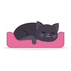 Black cute cat sleeping curled up in a ball in cartoon style.