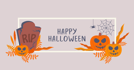 Obraz premium Happy Halloween. Pumpkins, spider, net, autumn leaves, headstone. Holiday design. Halloween background