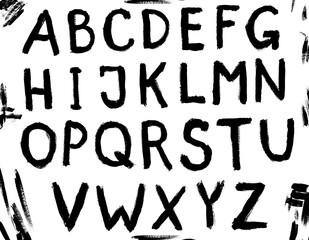 Raster handmade watercolor font. The letters of the English alphabet. Gouache, ink. Dry brush technique. Uneven edges. Grunge style. A high resolution. Isolate on white.