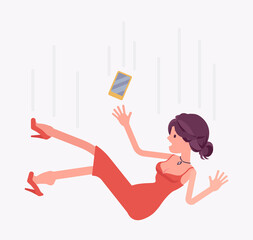 Falling down unsuccessful young woman, making mistake or failure. Damage happening or injury situation, unexpected loss, casualty, mishap for beautiful lady. Vector flat style cartoon illustration