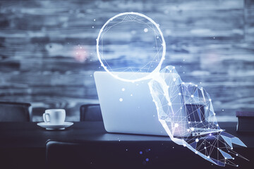 Desktop computer background in office and start up theme hologram drawing. Double exposure. Startup concept.