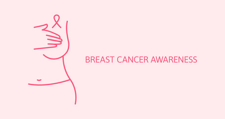 Obraz premium Breast cancer awareness. Pink ribbon sign. Breast cancer October awareness month campaign poster: ribbon sign and woman silhouette