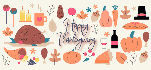 Thanksgiving Day event vector hand drawn symbols, design elements, signs. Thanksgiving Day collection for your design. Turkey, pumpkin, wine, autumn leaves, pies, fruit, cornucopia, pine cone, hat