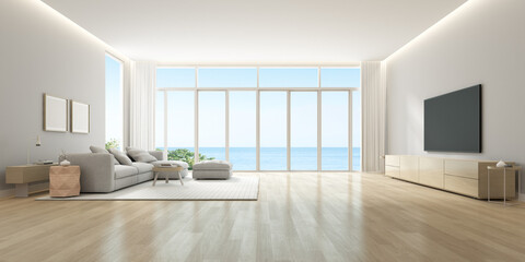 3D rendering of modern living room with TV screen and sofa on sea background.