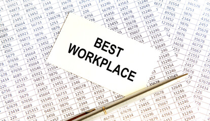 Obraz premium Closeup on businessman holding a card with text BEST WORKPLACE, business concept image with soft focus background and vintage tone