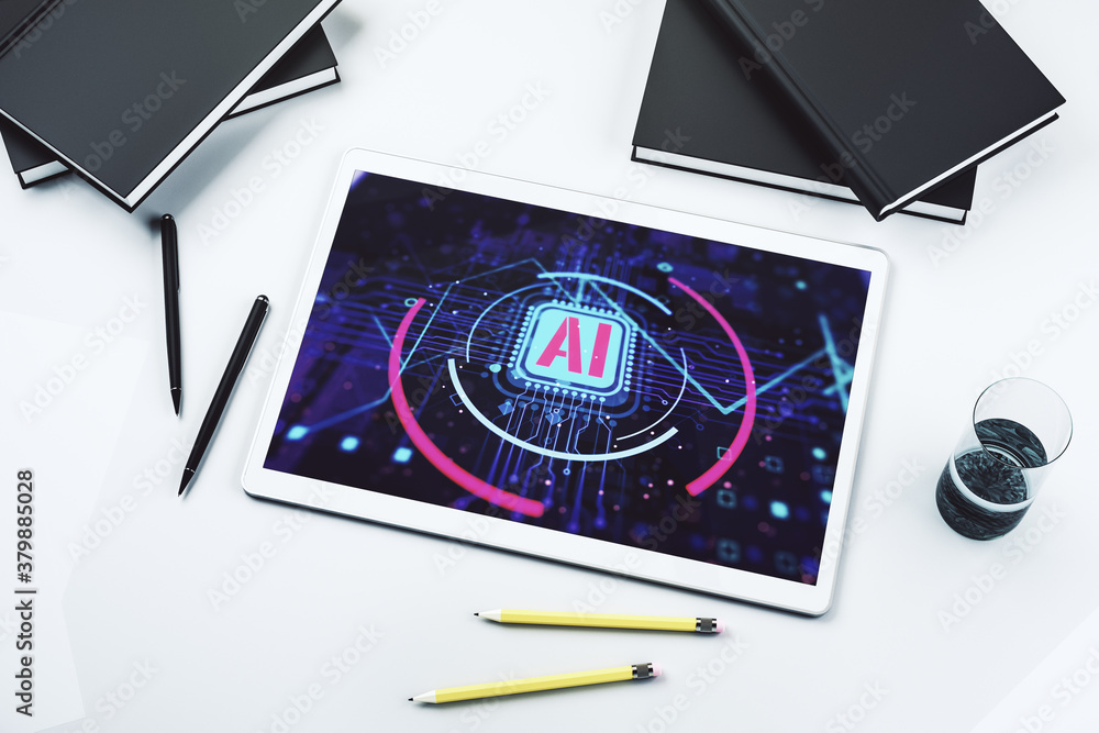 Poster top view of modern digital tablet screen with creative artificial intelligence abbreviation. future 