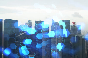 Obraz premium Abstract technology icons hologram over panorama city view of Singapore, Asia. The concept of people networking and connections. Double exposure.