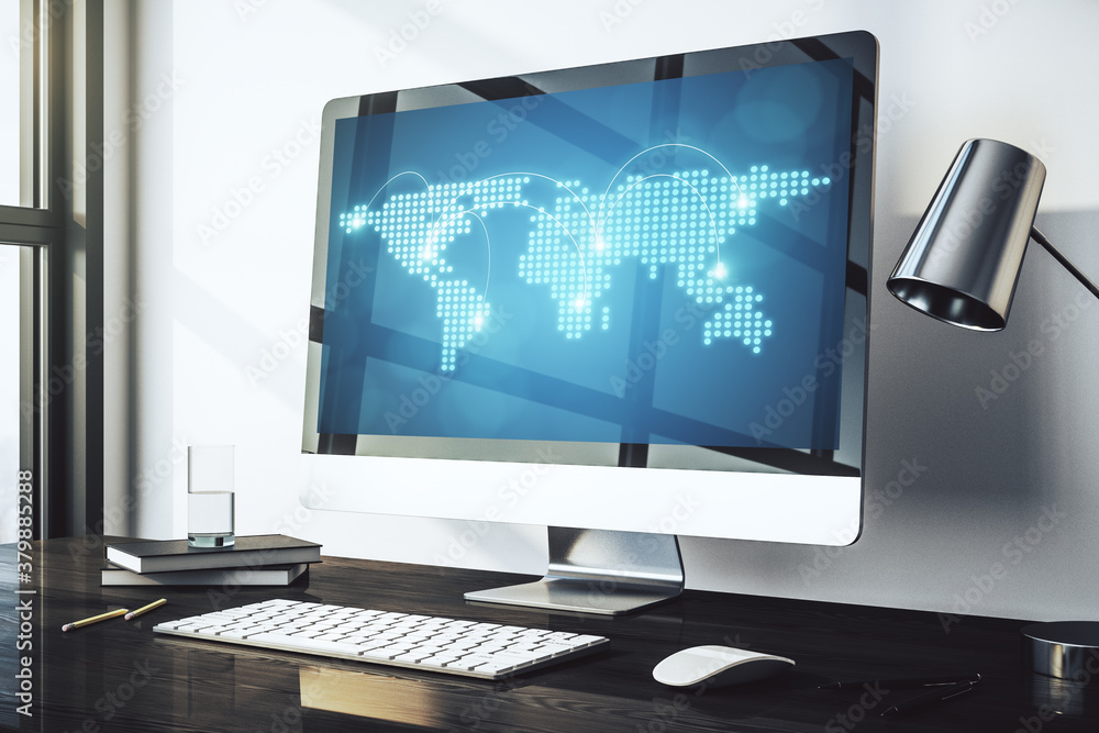 Aufkleber Abstract creative world map with connections on modern laptop screen, international trading concept. 3D Rendering