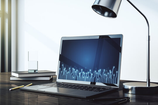 Creative concept of microscheme illustration on modern laptop screen. Big data and database concept. 3D Rendering