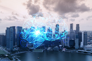 Glowing human brain hologram, aerial panoramic cityscape of Singapore at sunset. The center of business education in Asia. Double exposure.