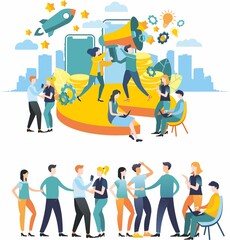 Raster illustration. Flat design. large group. Decision of tasks. Brainstorming. Teamwork. Achieving goal. Team of associates. A large composition using many elements.