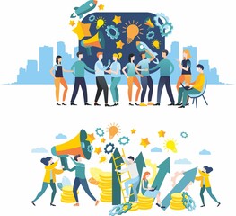 Raster illustration. Flat design. large group. Decision of tasks. Brainstorming. Teamwork. Achieving goal. Team of associates. A large composition using many elements.