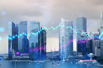 Glowing FOREX graph hologram, aerial panoramic cityscape of Singapore at sunset. Stock and bond trading in Asia. The concept of fund management. Double exposure.