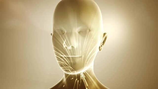 Double exposure of abstract human face with moving of lines for fiber optic network. Magic flickering dots or glowing flying lines. Animation loop.