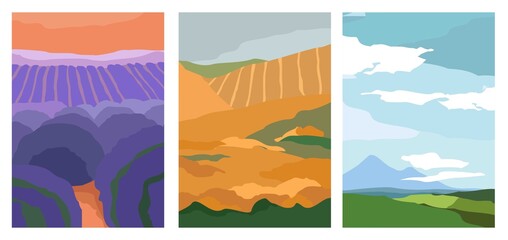 Set of vertical posters with nature landscapes in different seasons. Lavender, flower, wheat fields drawn in a trendy cut-out style. Covers for notebooks, brochures, and books. Vector illustration.