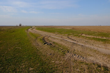 Fototapeta na wymiar A narrow dirt road in an evening field. Clear blue sky over the field.