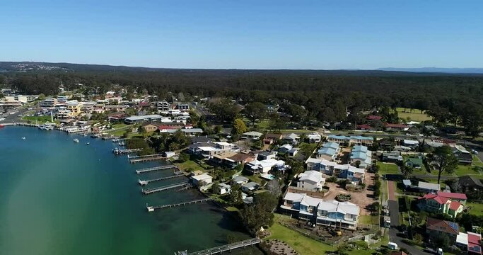 Wide aerial panorama of Jervis bay area near Huskisson town and delta as 4k.
