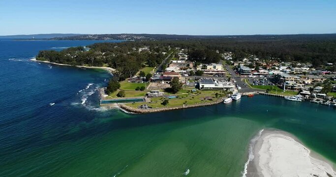 Huskisson town waterfront on Jervis Bay and delta of creek sandy beaches 4k.
