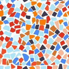 Terrazzo seamless pattern with colorful rock pieces. Abstract backdrop with bright stone sprinkles scattered on white background. Modern illustration for fabric print, wrapping paper, flooring.