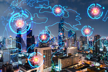 Hologram of Earth planet map on night panoramic cityscape of Bangkok, Asia. The concept of international companies. Multi Exposure.