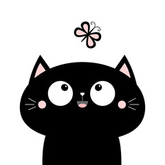 Cat face head looking at butterfly insect. Cute cartoon character icon. Kawaii animal. Baby card. Big eyes. Flat design. Notebook cover, tshirt, greeting card, sticker print. White background.
